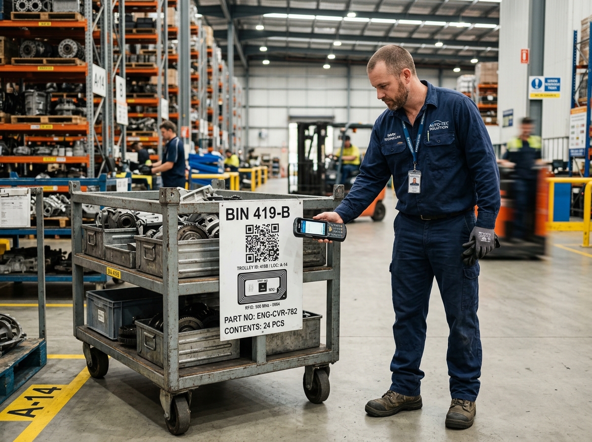 Technician inspecting industrial trolley with QR scanner